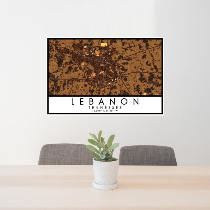 24x36 Lebanon Tennessee Map Print Lanscape Orientation in Ember Style Behind 2 Chairs Table and Potted Plant