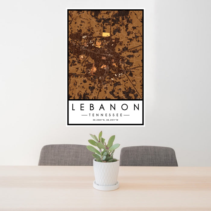 24x36 Lebanon Tennessee Map Print Portrait Orientation in Ember Style Behind 2 Chairs Table and Potted Plant