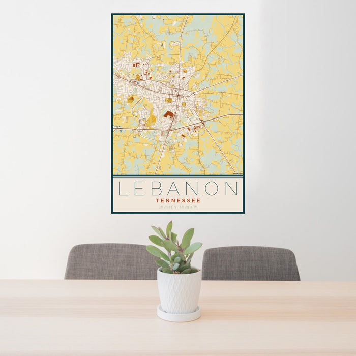 24x36 Lebanon Tennessee Map Print Portrait Orientation in Woodblock Style Behind 2 Chairs Table and Potted Plant