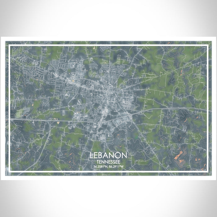 Lebanon Tennessee Map Print Landscape Orientation in Afternoon Style With Shaded Background