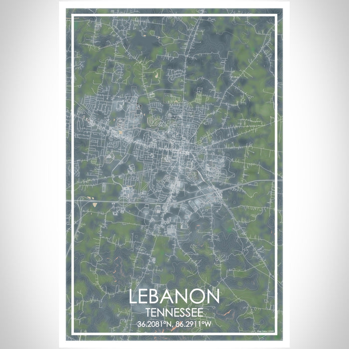 Lebanon Tennessee Map Print Portrait Orientation in Afternoon Style With Shaded Background