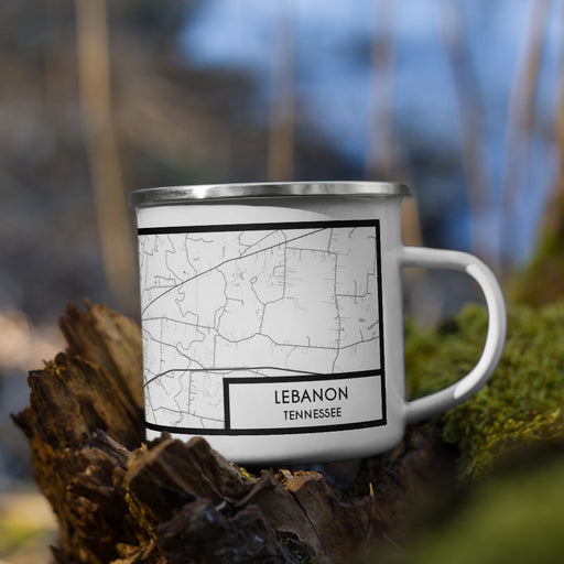 Right View Custom Lebanon Tennessee Map Enamel Mug in Classic on Grass With Trees in Background