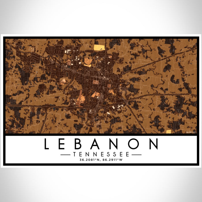 Lebanon Tennessee Map Print Landscape Orientation in Ember Style With Shaded Background