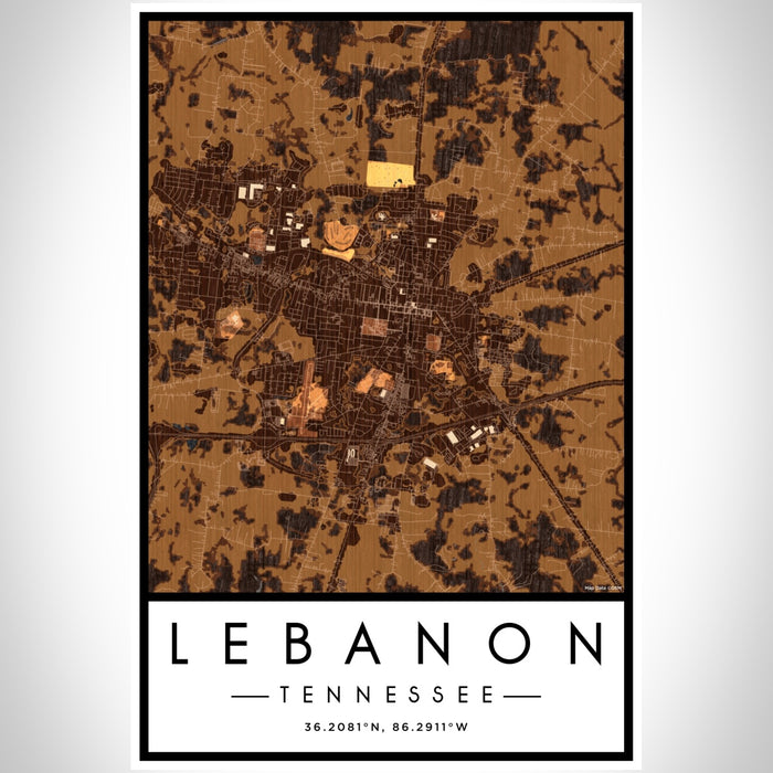 Lebanon Tennessee Map Print Portrait Orientation in Ember Style With Shaded Background