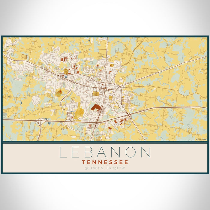 Lebanon Tennessee Map Print Landscape Orientation in Woodblock Style With Shaded Background
