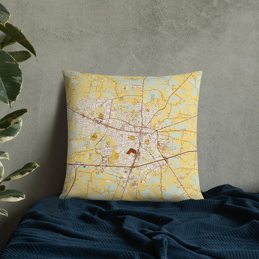 Custom Lebanon Tennessee Map Throw Pillow in Woodblock on Bedding Against Wall