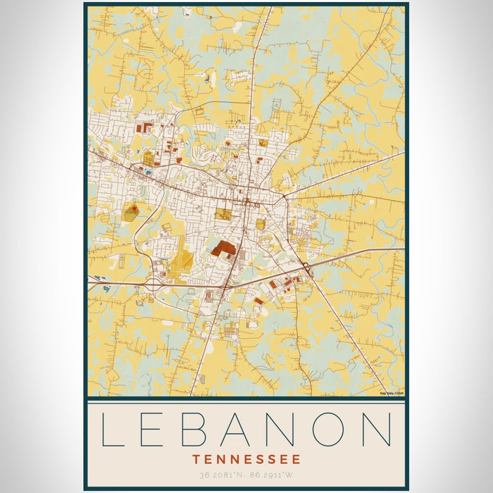 Lebanon Tennessee Map Print Portrait Orientation in Woodblock Style With Shaded Background