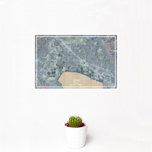 12x18 Lehi Utah Map Print Landscape Orientation in Afternoon Style With Small Cactus Plant in White Planter