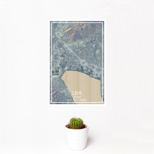 12x18 Lehi Utah Map Print Portrait Orientation in Afternoon Style With Small Cactus Plant in White Planter