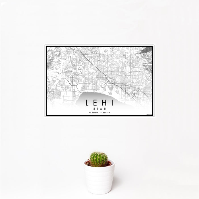 12x18 Lehi Utah Map Print Landscape Orientation in Classic Style With Small Cactus Plant in White Planter