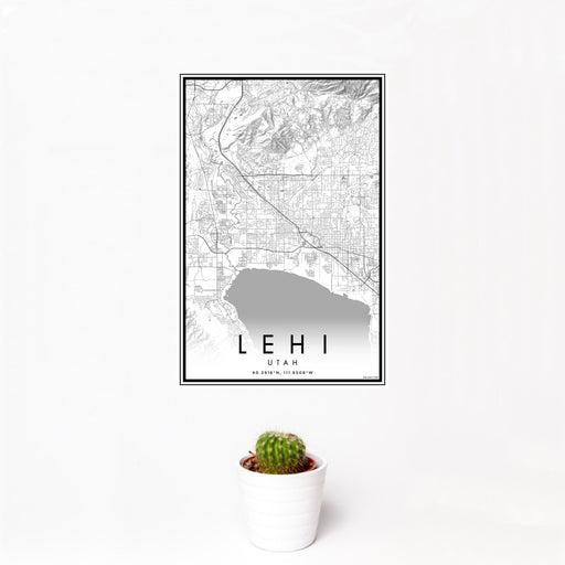 12x18 Lehi Utah Map Print Portrait Orientation in Classic Style With Small Cactus Plant in White Planter