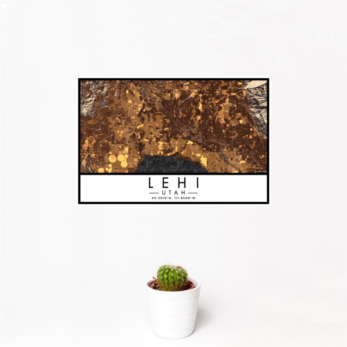 12x18 Lehi Utah Map Print Landscape Orientation in Ember Style With Small Cactus Plant in White Planter