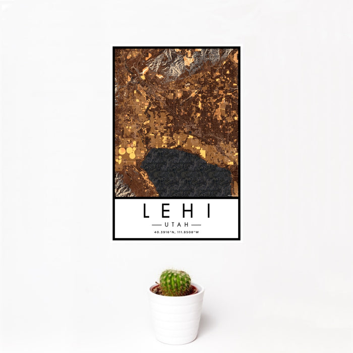 12x18 Lehi Utah Map Print Portrait Orientation in Ember Style With Small Cactus Plant in White Planter