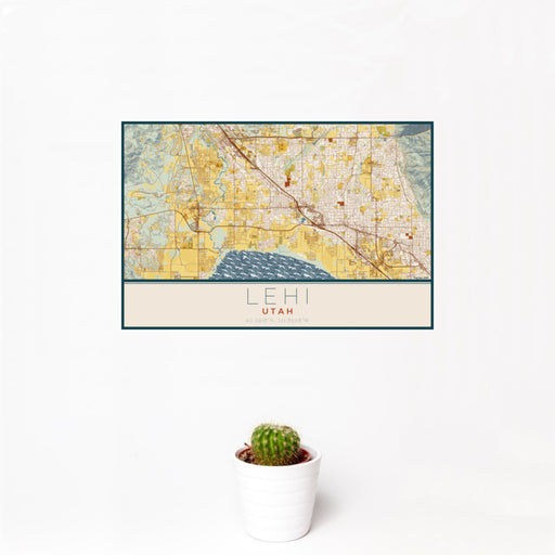 12x18 Lehi Utah Map Print Landscape Orientation in Woodblock Style With Small Cactus Plant in White Planter