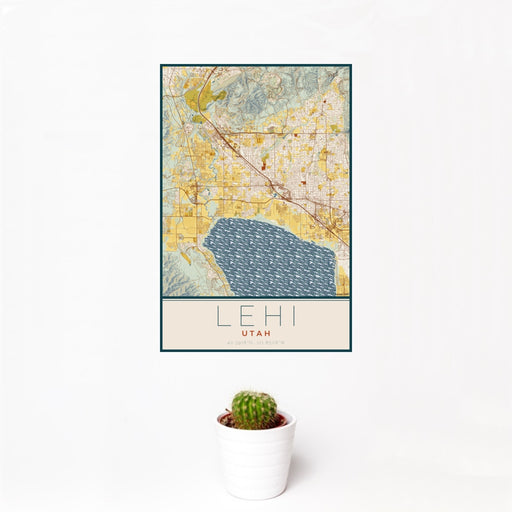 12x18 Lehi Utah Map Print Portrait Orientation in Woodblock Style With Small Cactus Plant in White Planter