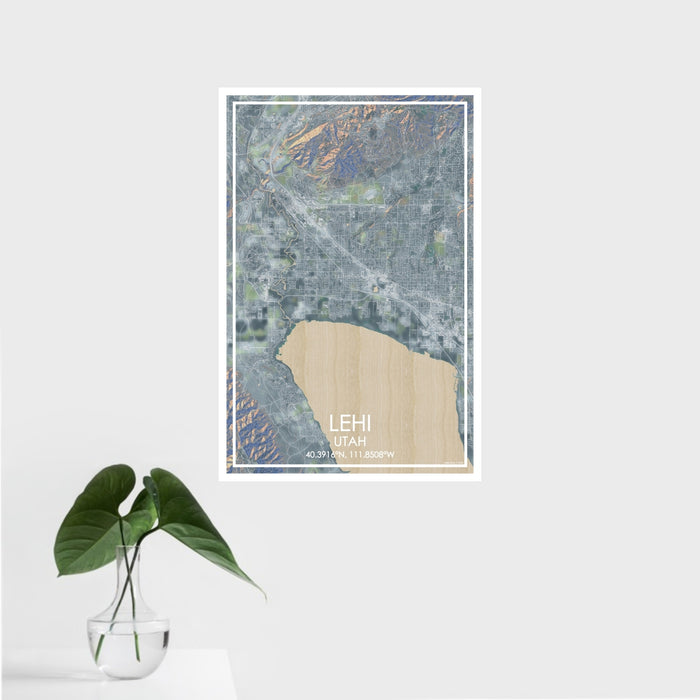 16x24 Lehi Utah Map Print Portrait Orientation in Afternoon Style With Tropical Plant Leaves in Water