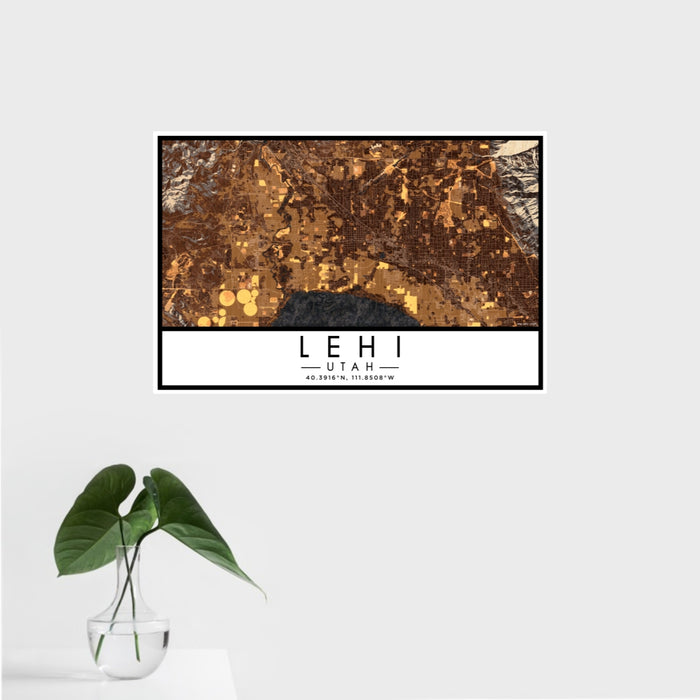 16x24 Lehi Utah Map Print Landscape Orientation in Ember Style With Tropical Plant Leaves in Water