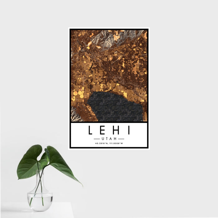 16x24 Lehi Utah Map Print Portrait Orientation in Ember Style With Tropical Plant Leaves in Water