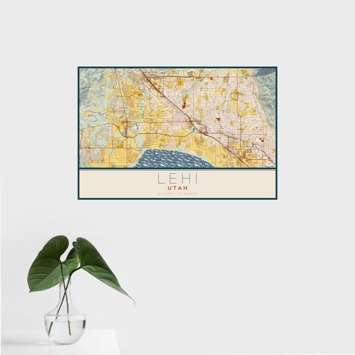 16x24 Lehi Utah Map Print Landscape Orientation in Woodblock Style With Tropical Plant Leaves in Water