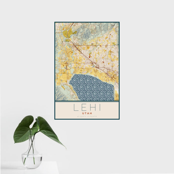 16x24 Lehi Utah Map Print Portrait Orientation in Woodblock Style With Tropical Plant Leaves in Water