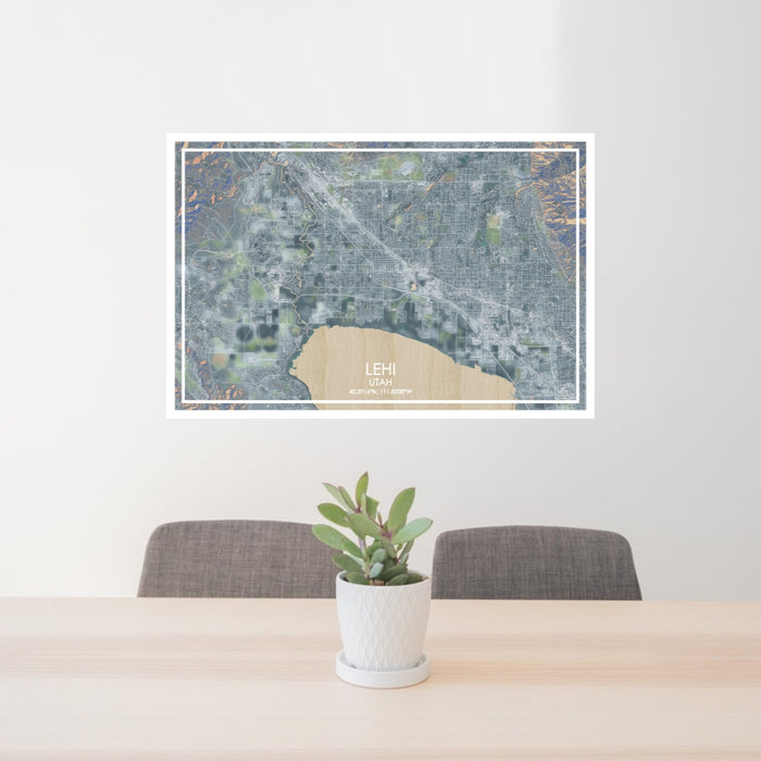 24x36 Lehi Utah Map Print Lanscape Orientation in Afternoon Style Behind 2 Chairs Table and Potted Plant