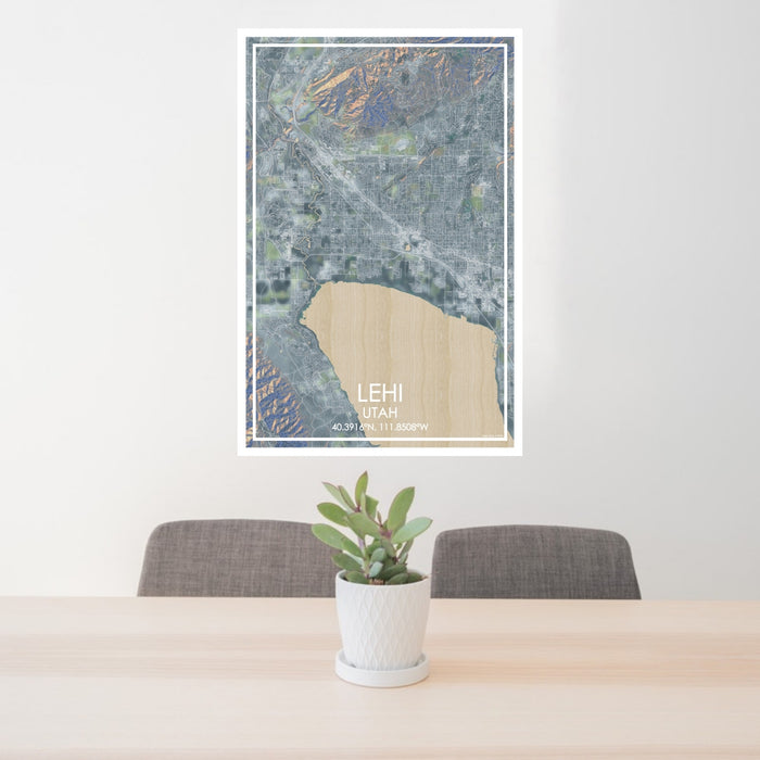 24x36 Lehi Utah Map Print Portrait Orientation in Afternoon Style Behind 2 Chairs Table and Potted Plant