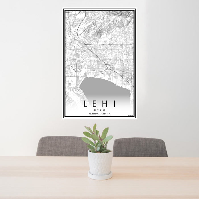 24x36 Lehi Utah Map Print Portrait Orientation in Classic Style Behind 2 Chairs Table and Potted Plant