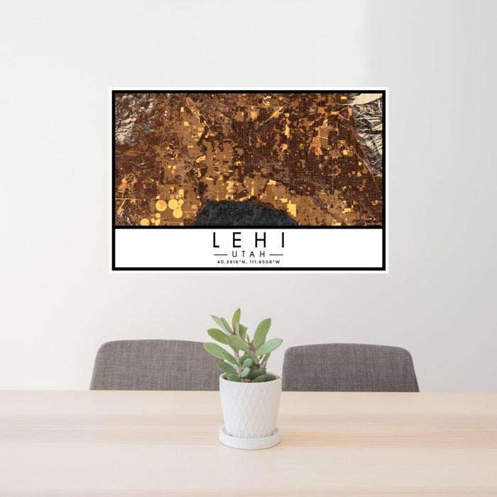 24x36 Lehi Utah Map Print Lanscape Orientation in Ember Style Behind 2 Chairs Table and Potted Plant