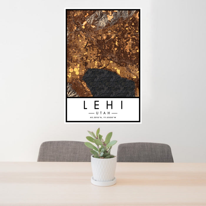 24x36 Lehi Utah Map Print Portrait Orientation in Ember Style Behind 2 Chairs Table and Potted Plant