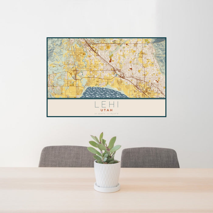 24x36 Lehi Utah Map Print Lanscape Orientation in Woodblock Style Behind 2 Chairs Table and Potted Plant