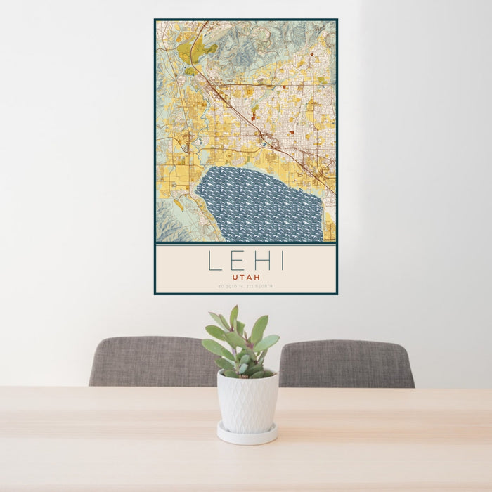 24x36 Lehi Utah Map Print Portrait Orientation in Woodblock Style Behind 2 Chairs Table and Potted Plant