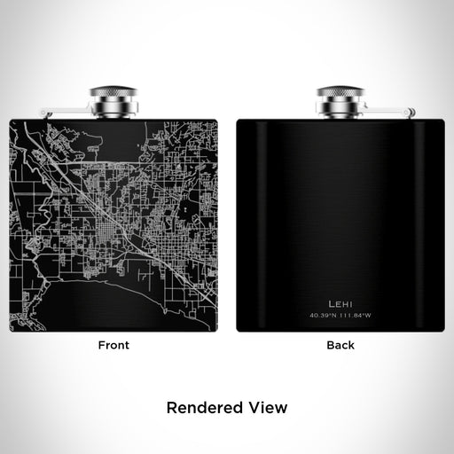 Rendered View of Lehi Utah Map Engraving on 6oz Stainless Steel Flask in Black