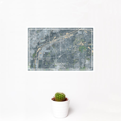 12x18 Lemont Illinois Map Print Landscape Orientation in Afternoon Style With Small Cactus Plant in White Planter