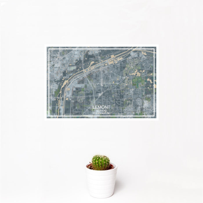 12x18 Lemont Illinois Map Print Landscape Orientation in Afternoon Style With Small Cactus Plant in White Planter