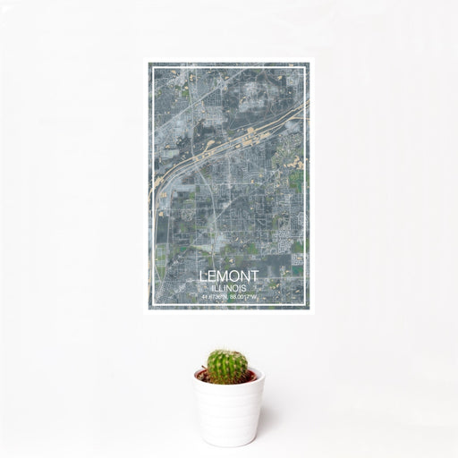 12x18 Lemont Illinois Map Print Portrait Orientation in Afternoon Style With Small Cactus Plant in White Planter