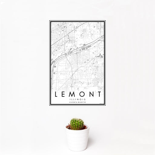 12x18 Lemont Illinois Map Print Portrait Orientation in Classic Style With Small Cactus Plant in White Planter