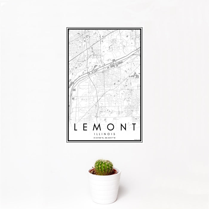 12x18 Lemont Illinois Map Print Portrait Orientation in Classic Style With Small Cactus Plant in White Planter