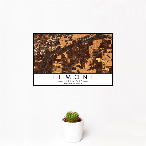 12x18 Lemont Illinois Map Print Landscape Orientation in Ember Style With Small Cactus Plant in White Planter