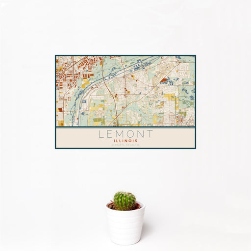 12x18 Lemont Illinois Map Print Landscape Orientation in Woodblock Style With Small Cactus Plant in White Planter