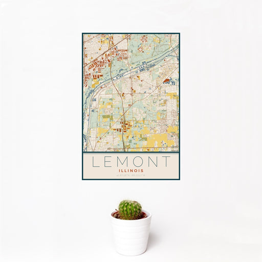 12x18 Lemont Illinois Map Print Portrait Orientation in Woodblock Style With Small Cactus Plant in White Planter
