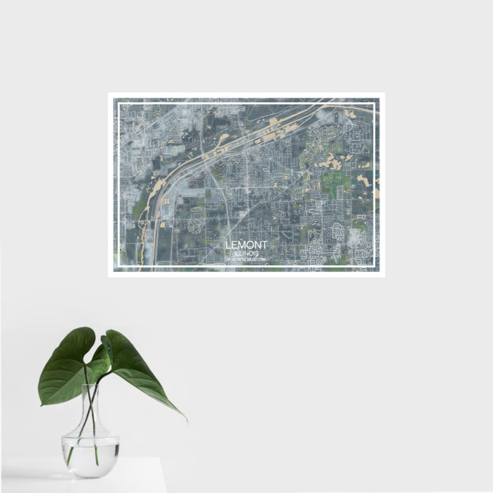 16x24 Lemont Illinois Map Print Landscape Orientation in Afternoon Style With Tropical Plant Leaves in Water
