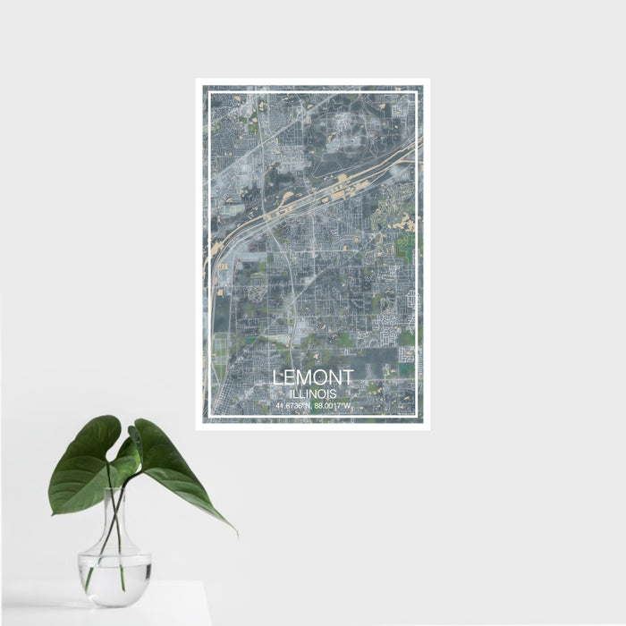 16x24 Lemont Illinois Map Print Portrait Orientation in Afternoon Style With Tropical Plant Leaves in Water