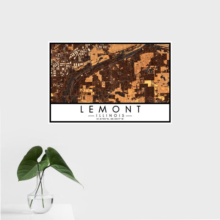 16x24 Lemont Illinois Map Print Landscape Orientation in Ember Style With Tropical Plant Leaves in Water