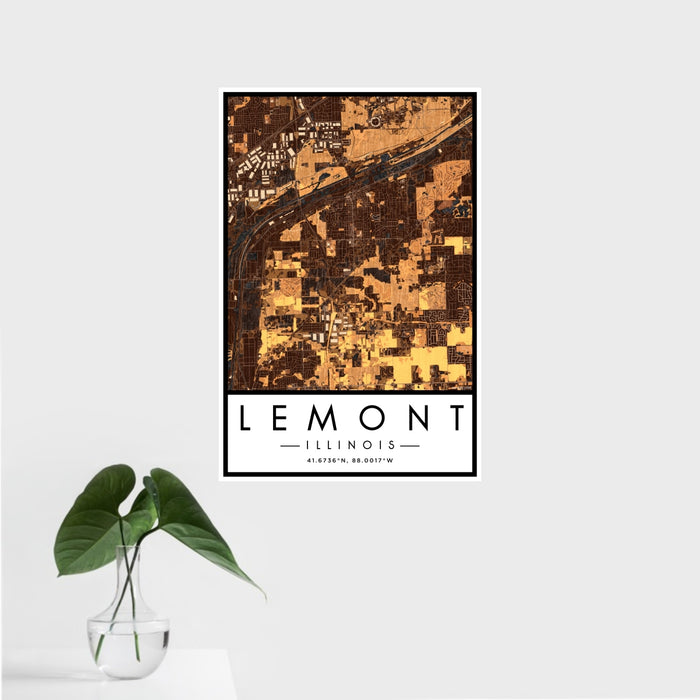 16x24 Lemont Illinois Map Print Portrait Orientation in Ember Style With Tropical Plant Leaves in Water