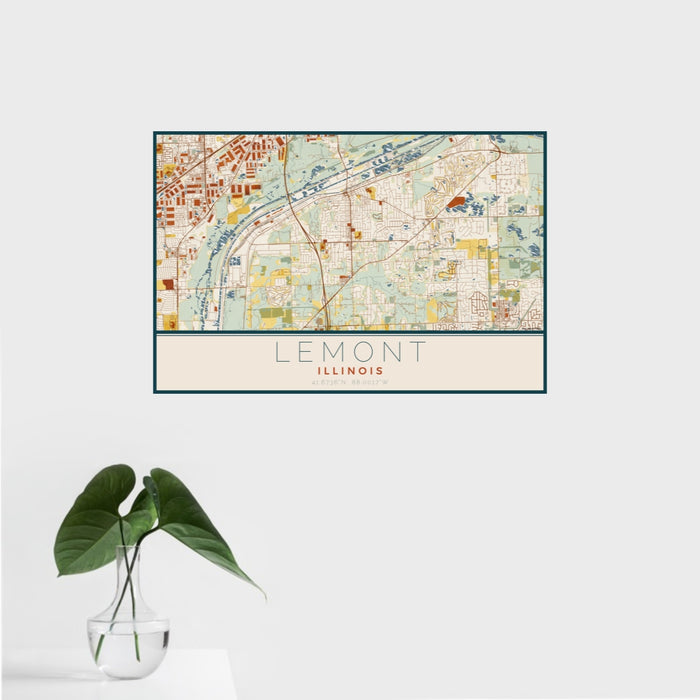 16x24 Lemont Illinois Map Print Landscape Orientation in Woodblock Style With Tropical Plant Leaves in Water