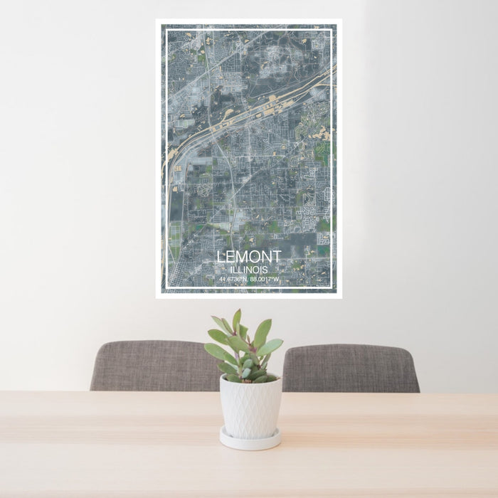 24x36 Lemont Illinois Map Print Portrait Orientation in Afternoon Style Behind 2 Chairs Table and Potted Plant