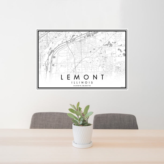 24x36 Lemont Illinois Map Print Landscape Orientation in Classic Style Behind 2 Chairs Table and Potted Plant