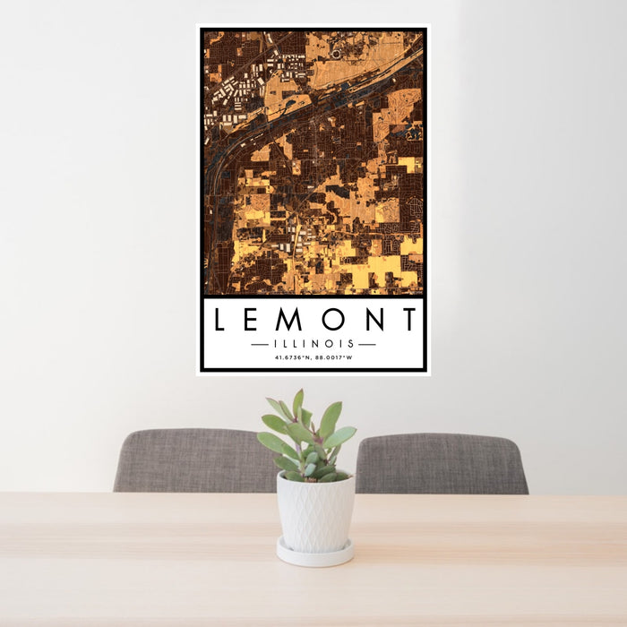 24x36 Lemont Illinois Map Print Portrait Orientation in Ember Style Behind 2 Chairs Table and Potted Plant