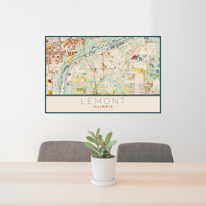 24x36 Lemont Illinois Map Print Landscape Orientation in Woodblock Style Behind 2 Chairs Table and Potted Plant