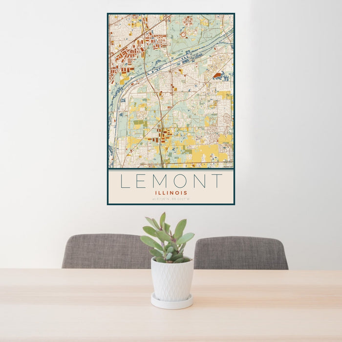 24x36 Lemont Illinois Map Print Portrait Orientation in Woodblock Style Behind 2 Chairs Table and Potted Plant